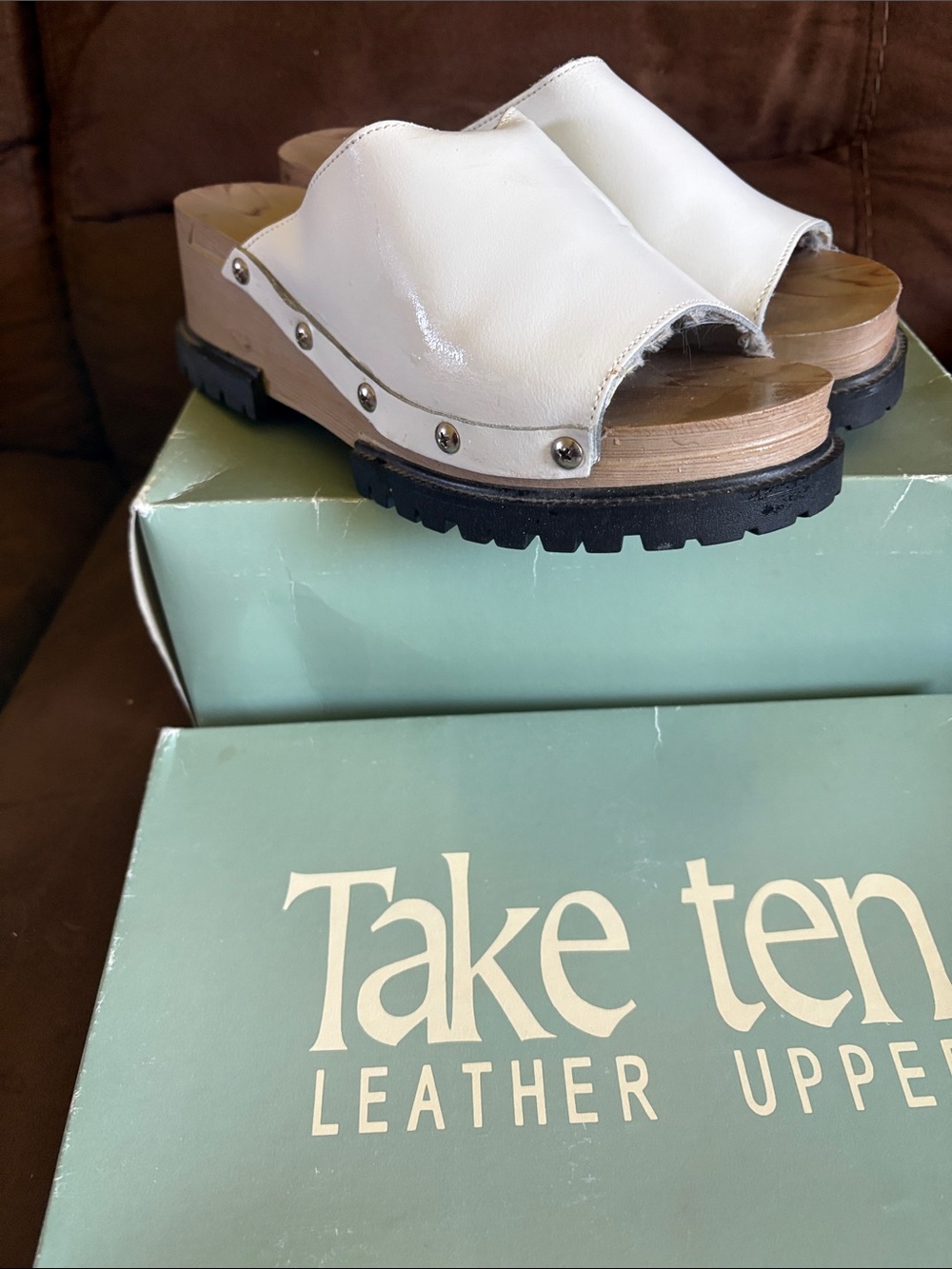 White Leather Slide Clogs with Stud Detailing